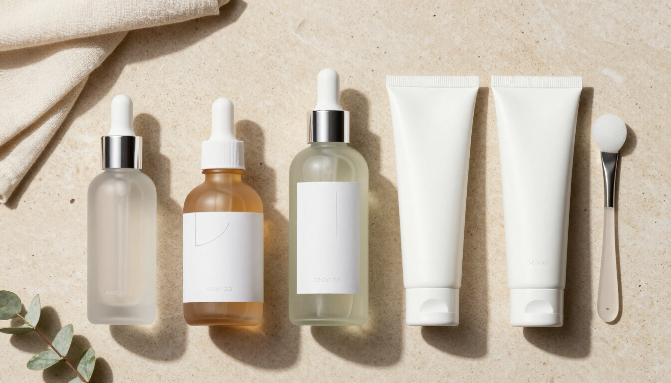 Varios frascos, tubos y un cuentagotas de productos para el cuidado de la piel sobre un fondo de tela beige
