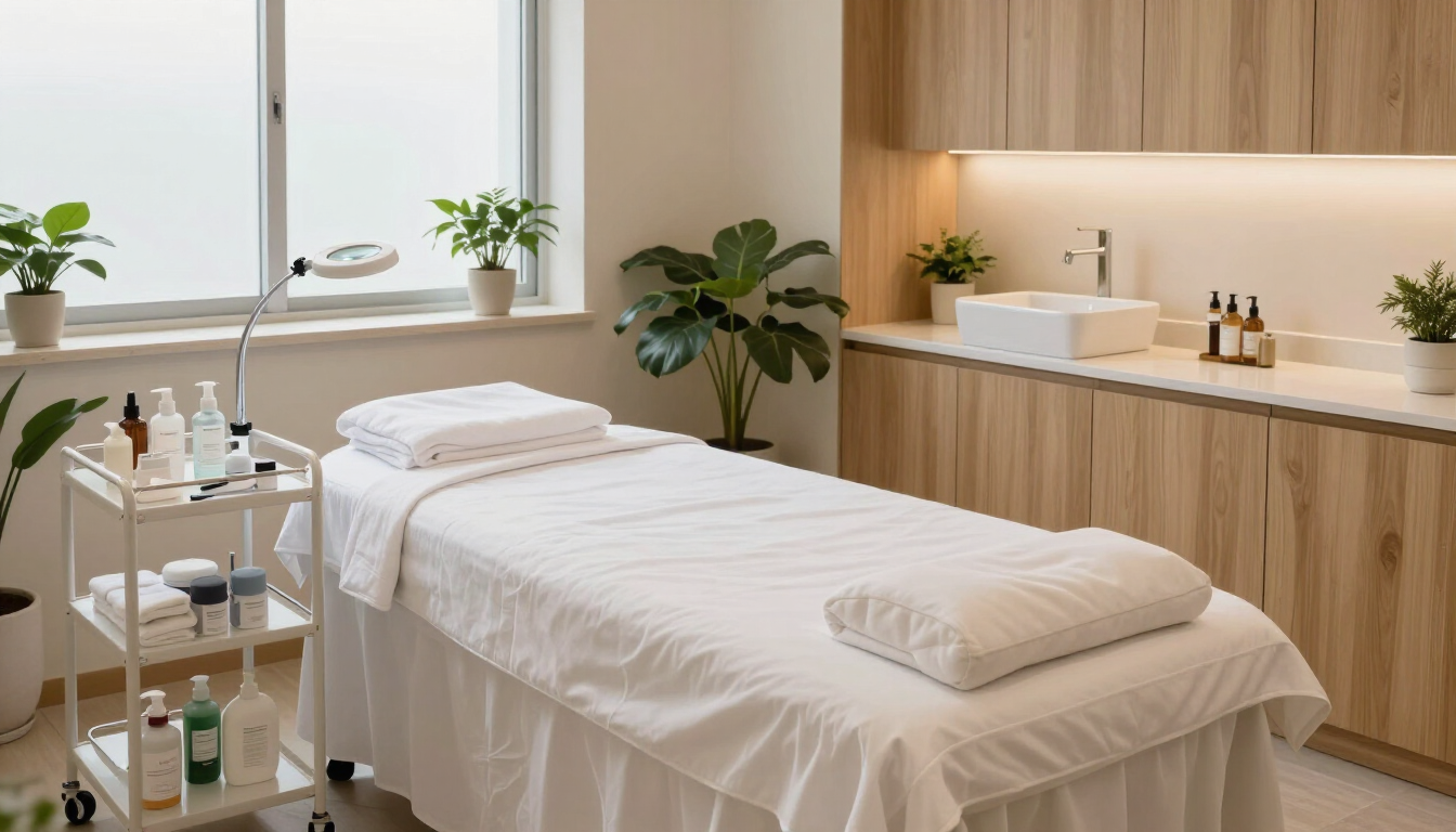 Recepción luminosa de una clínica de belleza, con mostrador de madera, sillas beige, plantas en macetas y grandes ventanales.