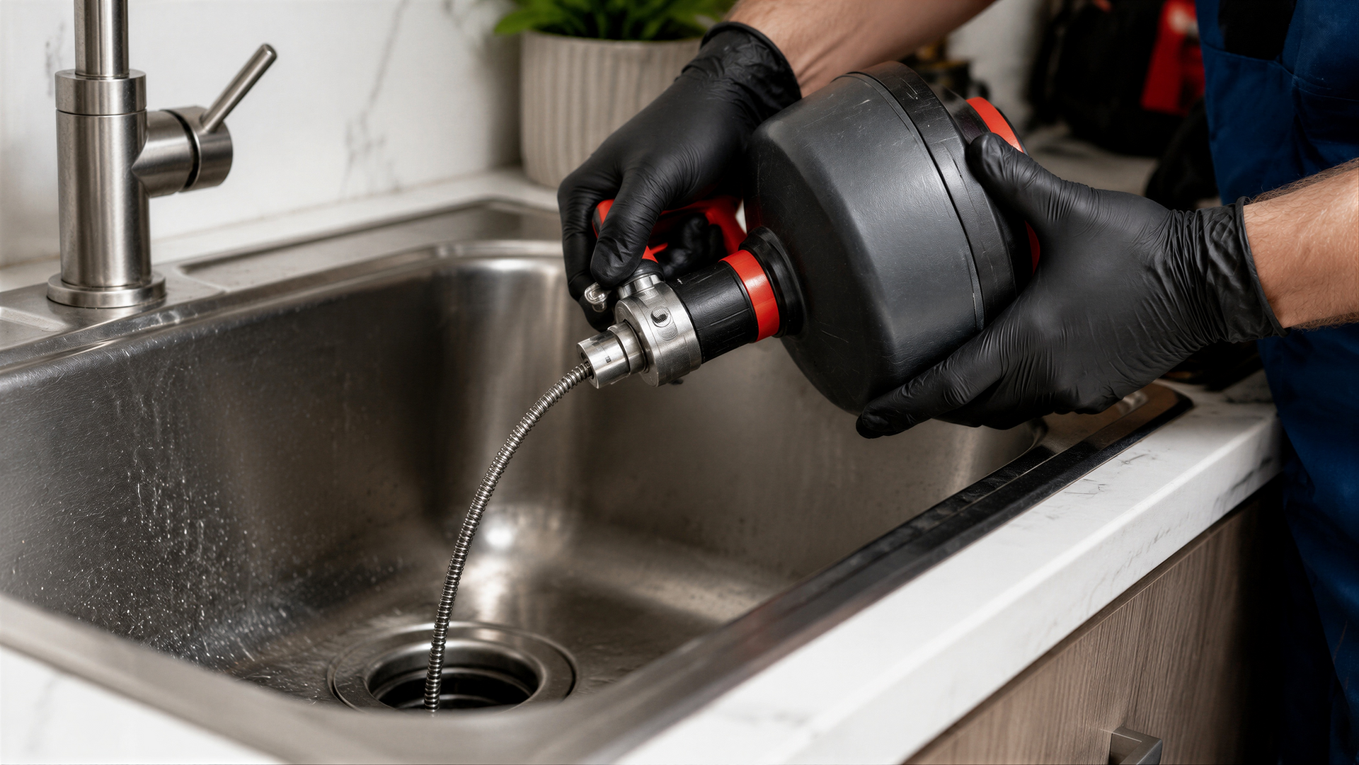 Plumber using a tool to unclog drain