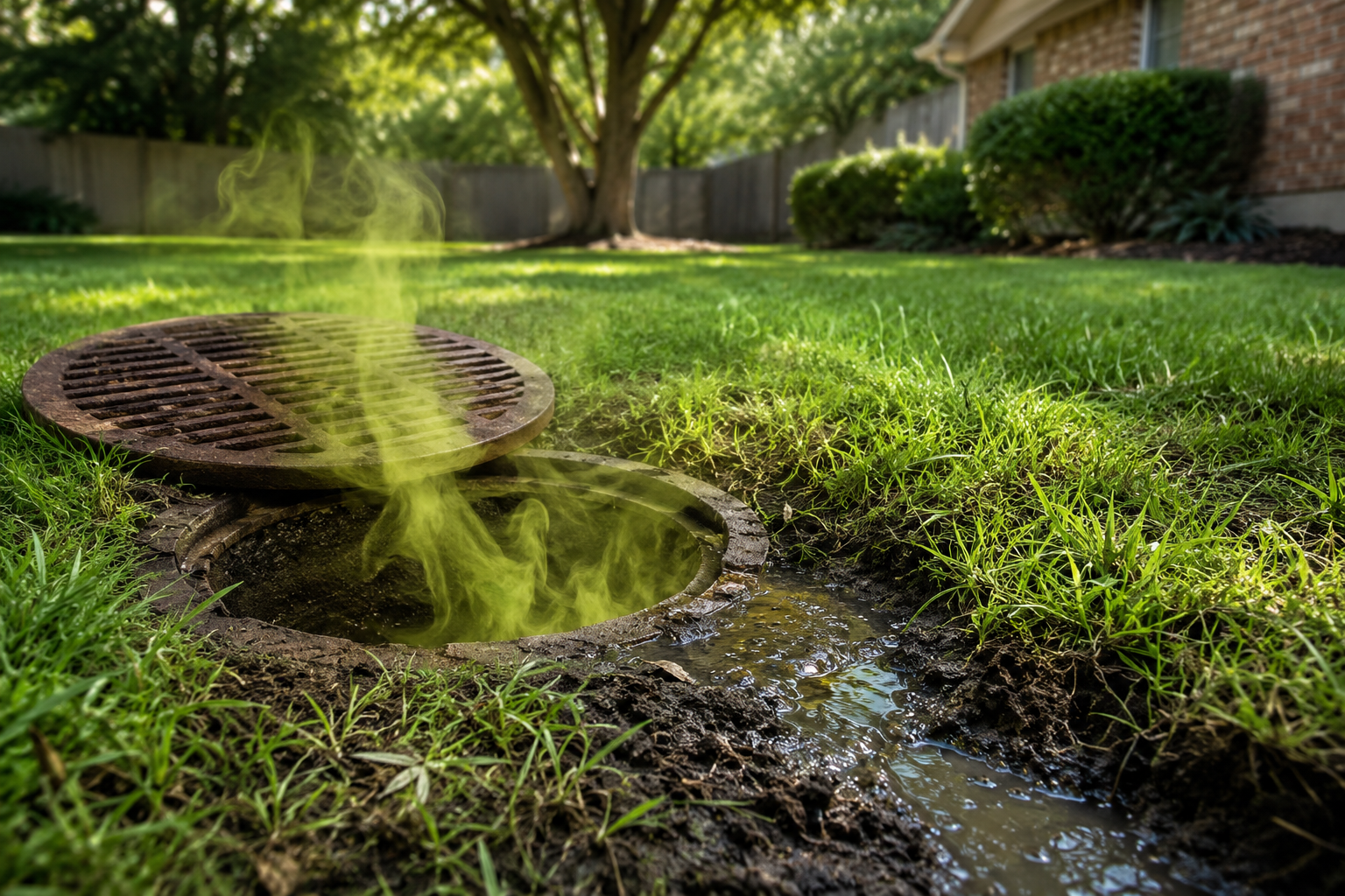 Sewer gas rising from open drain in grassy backyard with visible water pooling
