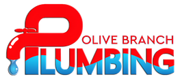Olive Branch Plumbing Co. logo: Red text arches above a plumber fixing a sink with 