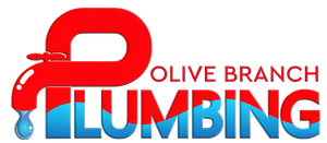 Olive Branch Plumbing Co. logo: red text and image of a plumber working on a sink.