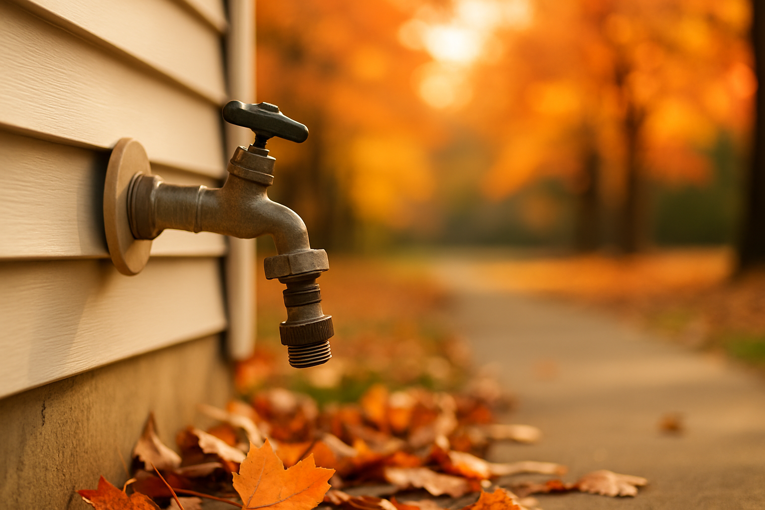 Outdoor water faucet on house with autumn leaves, pathway, and blurred orange foliage.