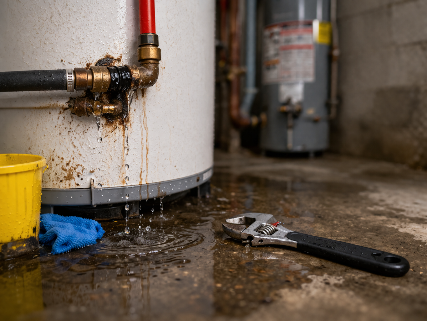 Rusted water heater leaking water. A bucket and wrench is nearby