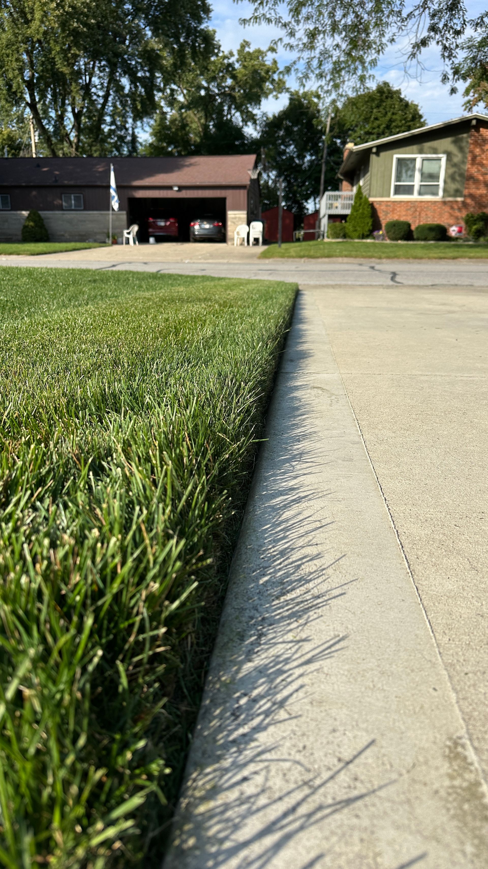 Suburban driveway beside a green lawn, leading to a house and garage on a sunny day