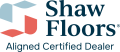 Shaw Floors logo with geometric blue and red icon and the tagline “Aligned Certified Dealer”