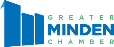 Greater Minden Chamber logo with blue building bars and green and blue text