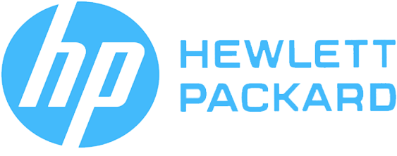 A blue and white logo for hewlett packard