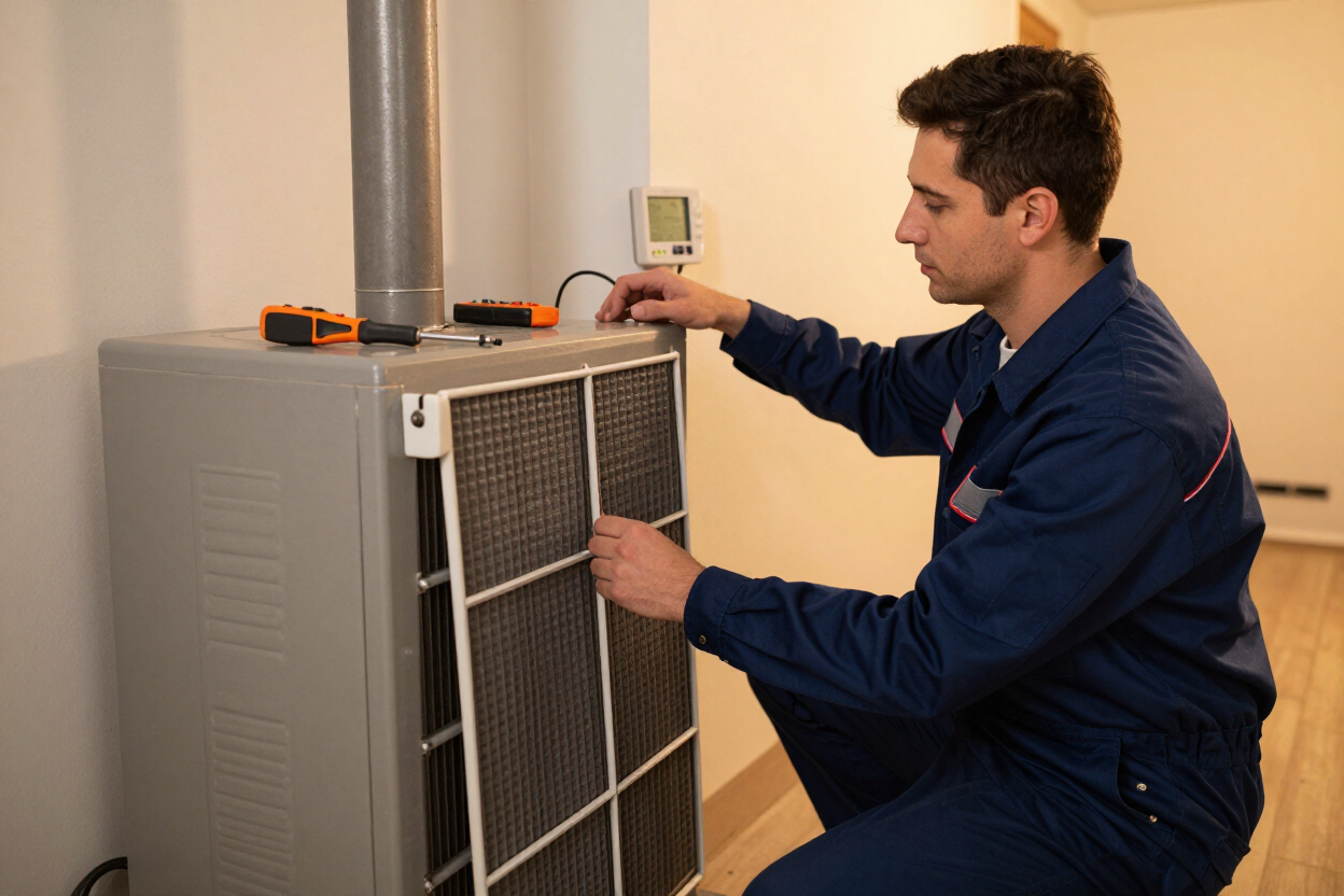 HVAC technician performing heating maintenance tune-up inside an Atlanta, GA home.