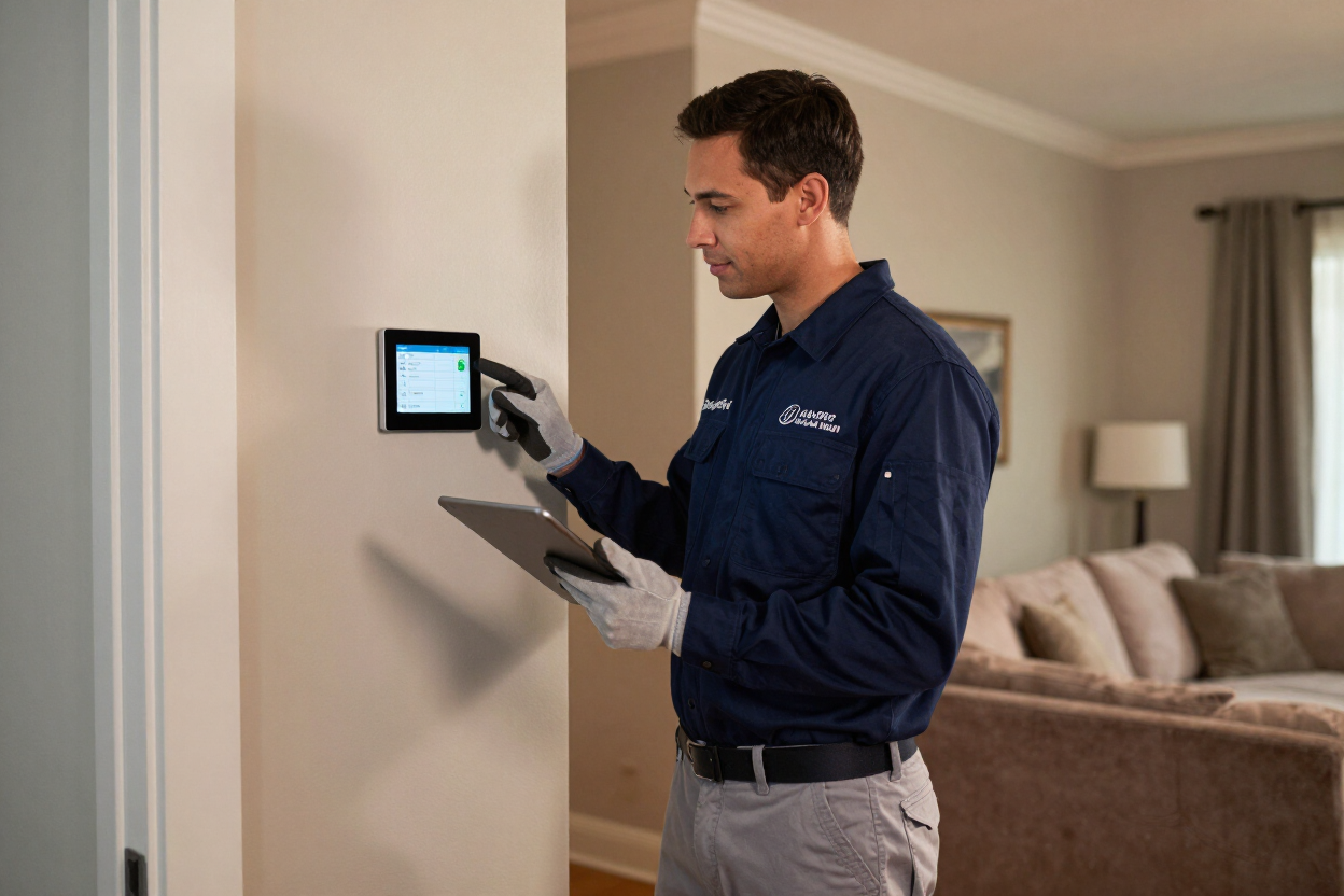HVAC technician optimizing smart thermostat settings in Atlanta GA home