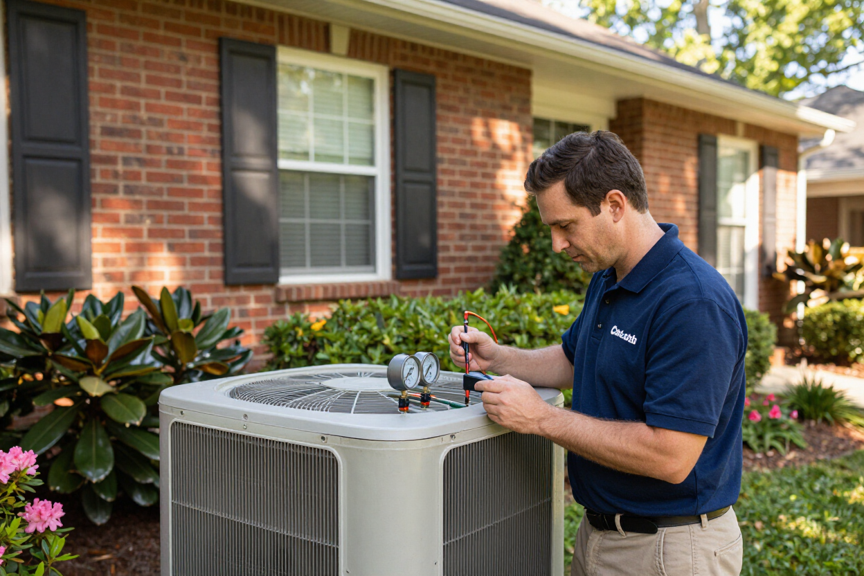 AC repair technician inspecting residential air conditioning unit in Atlanta, GA.