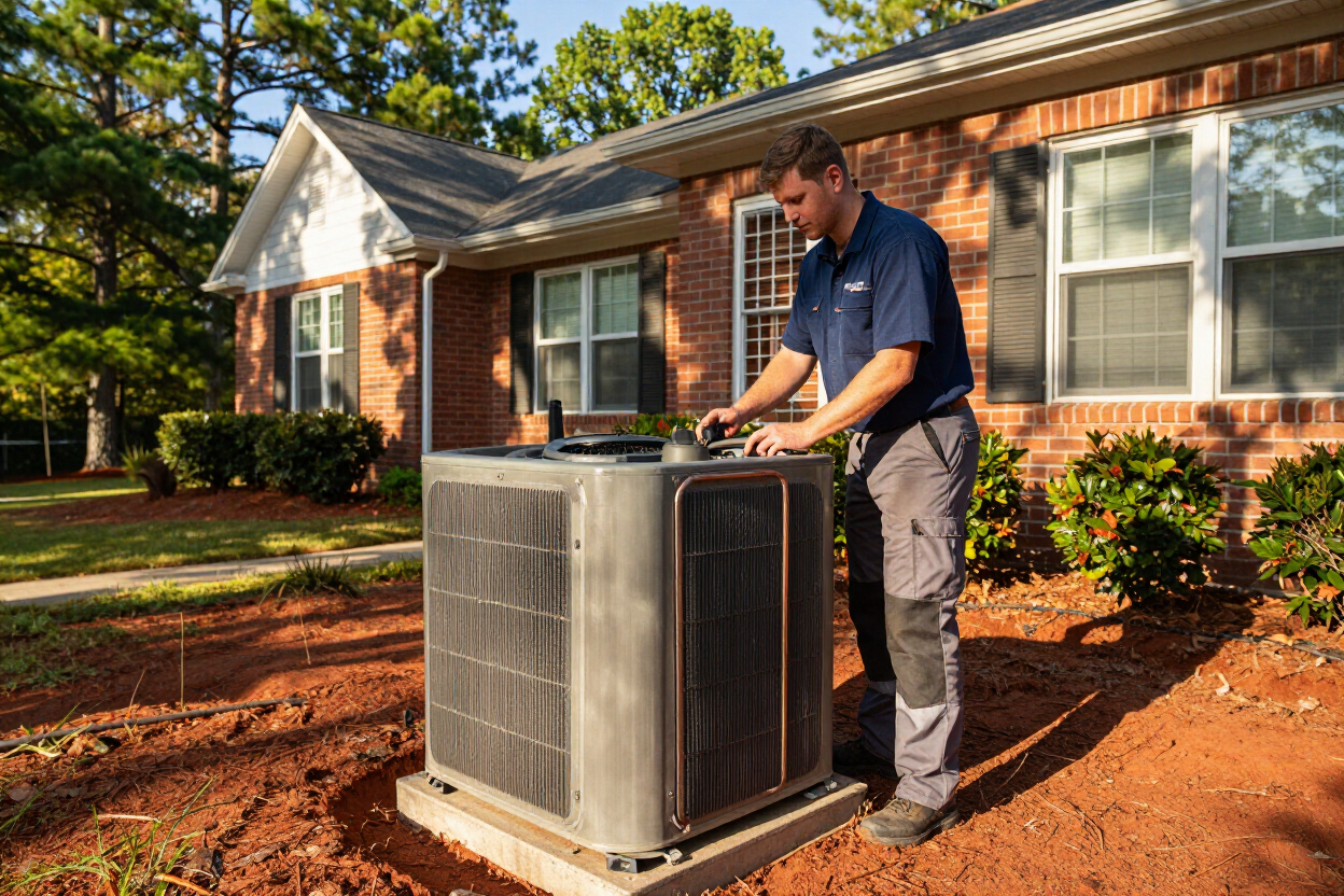 HVAC technician installing new air conditioning condenser unit at Atlanta, GA residential property.