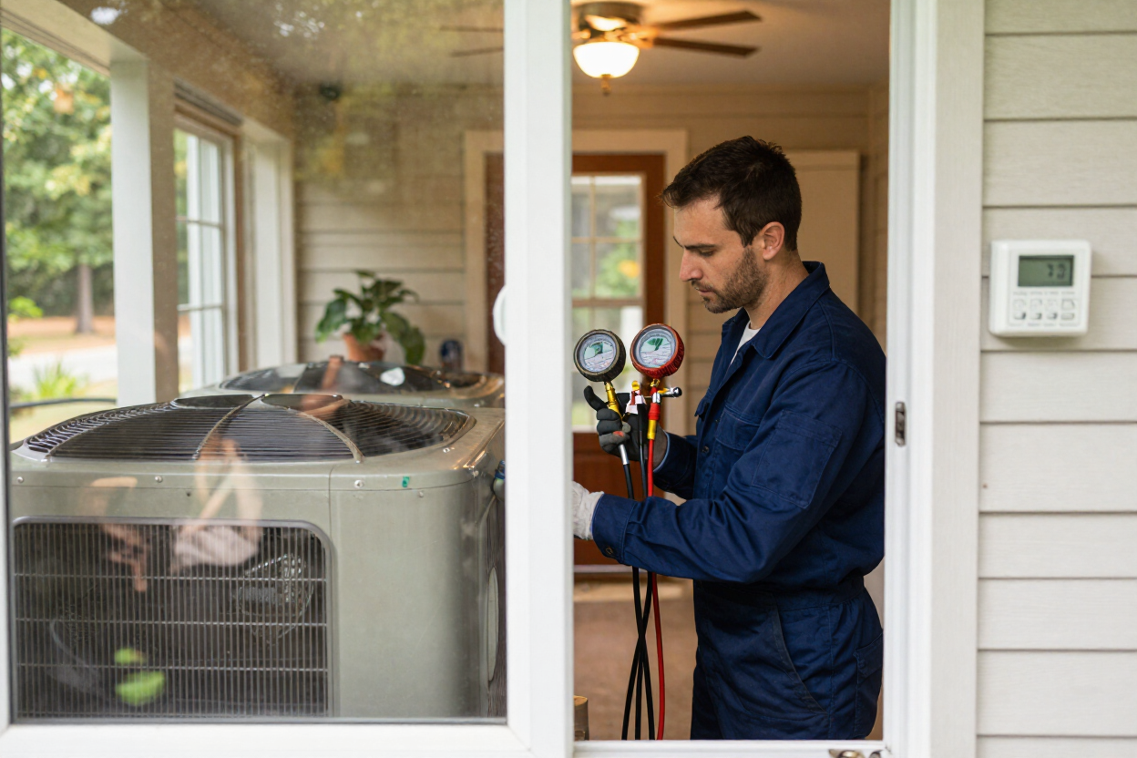 HVAC technician performing seasonal AC maintenance tune-up at Atlanta, GA home — Affordable Heating & Air Conditioning.