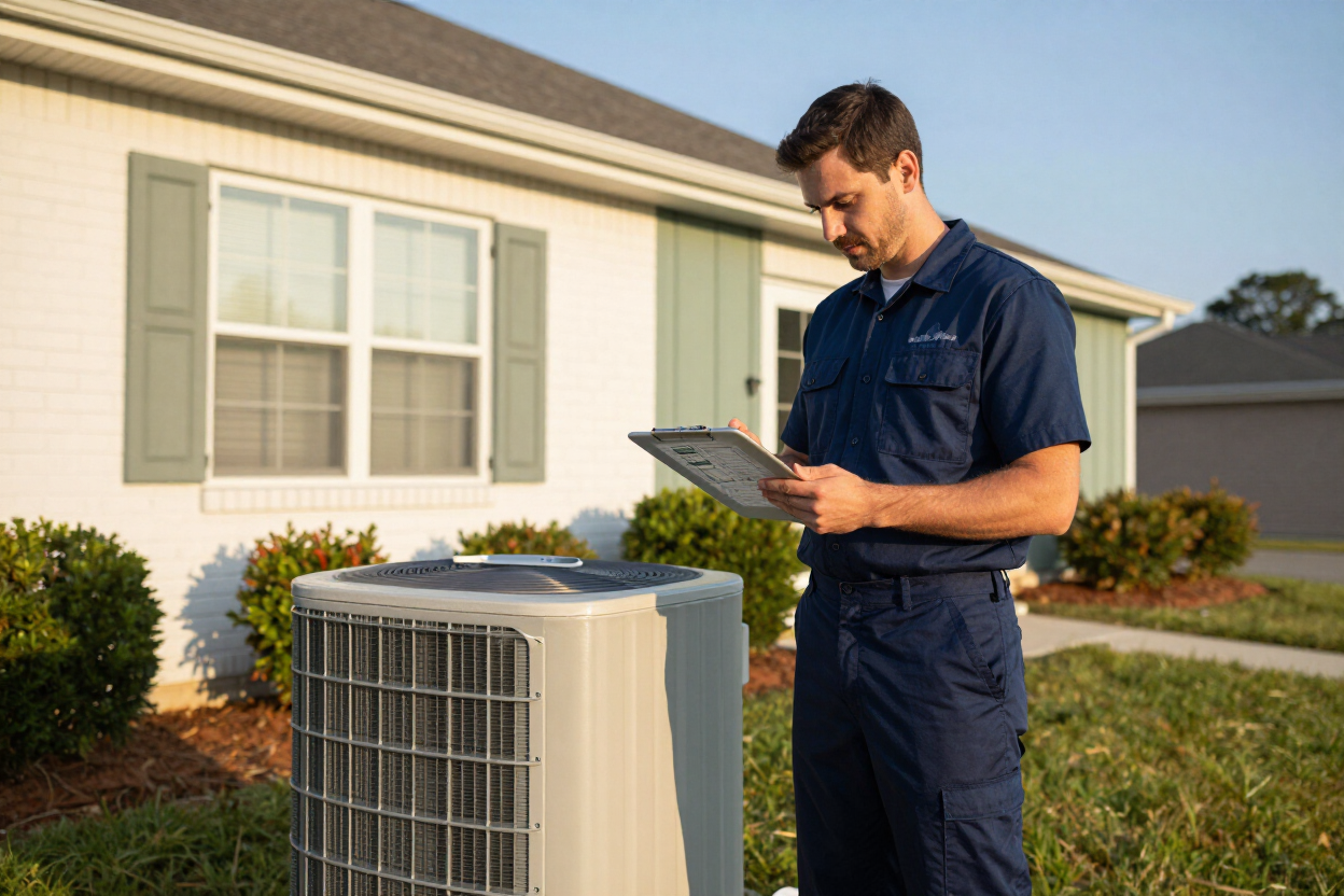 HVAC technician reviewing service options at Atlanta GA residential property — Affordable Heating & Air Conditioning