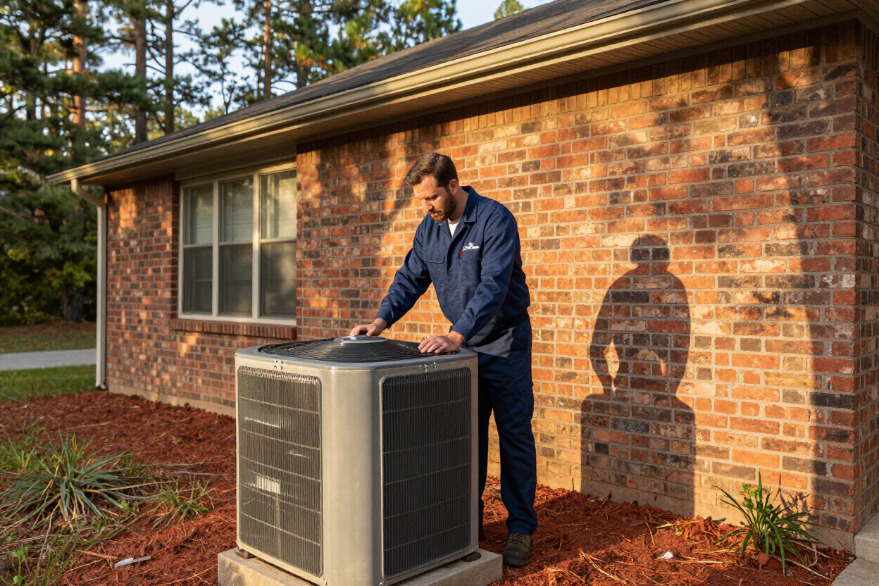 full-service HVAC repair and installation in Atlanta GA — technician inspecting outdoor unit at East Point residential property