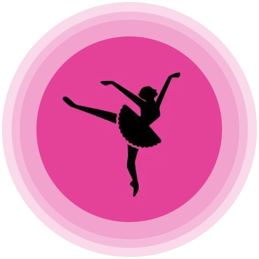 Silhouette of a ballerina in an arabesque pose against a pink and white circular background