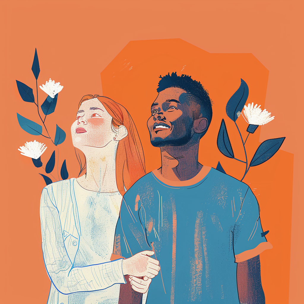 A man and a woman are standing next to each other and looking up at the sky.