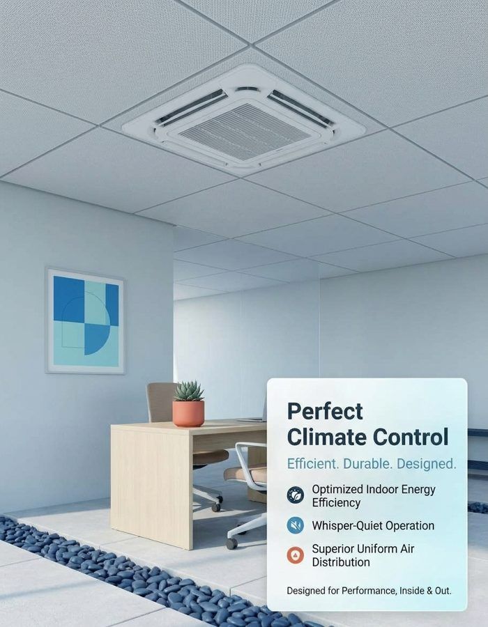 Compact cassette air conditioning unit recessed into a ceiling
