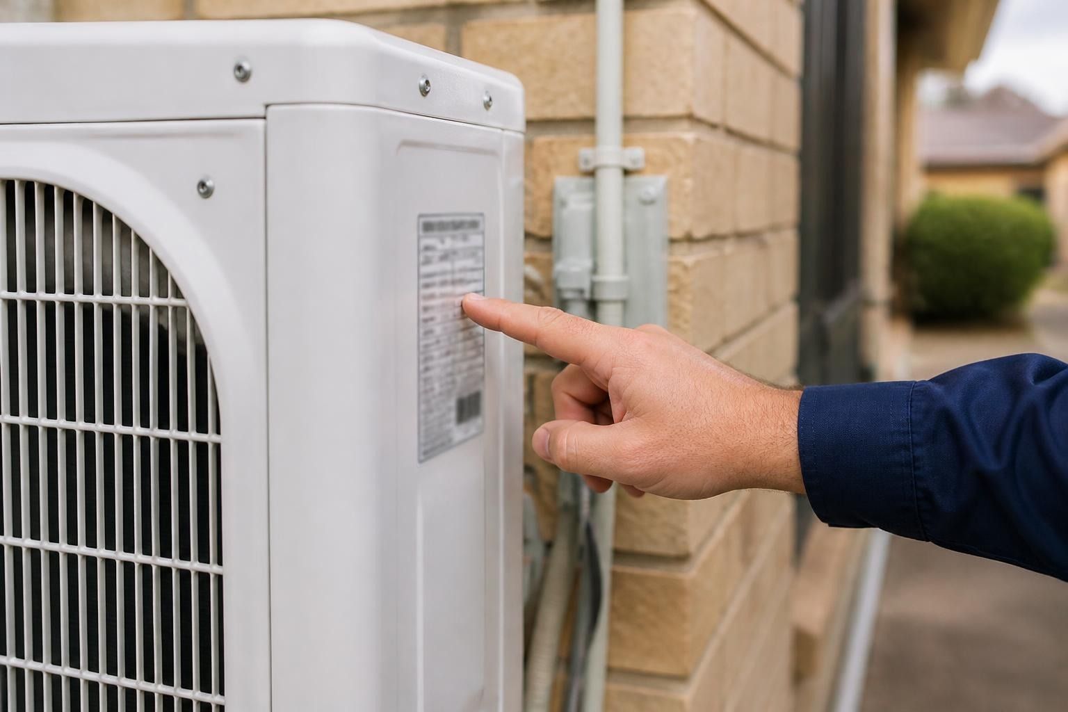 Technician checking the compliance sticker on an outdoor air conditioner unit.