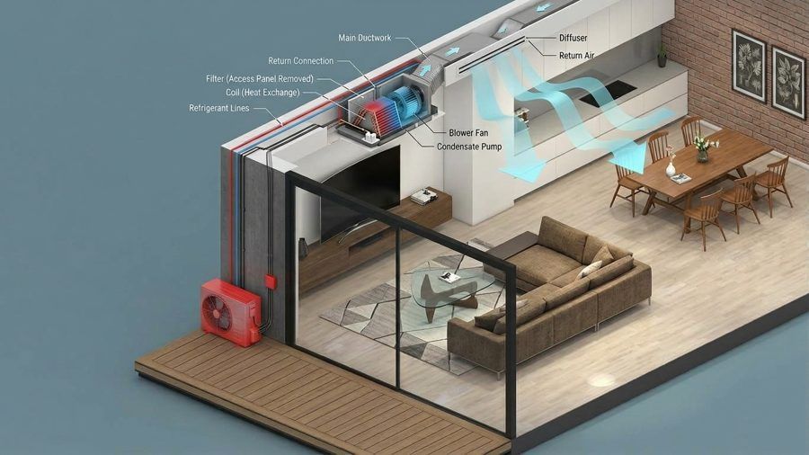 Bulkhead air conditioning system concealed above a room