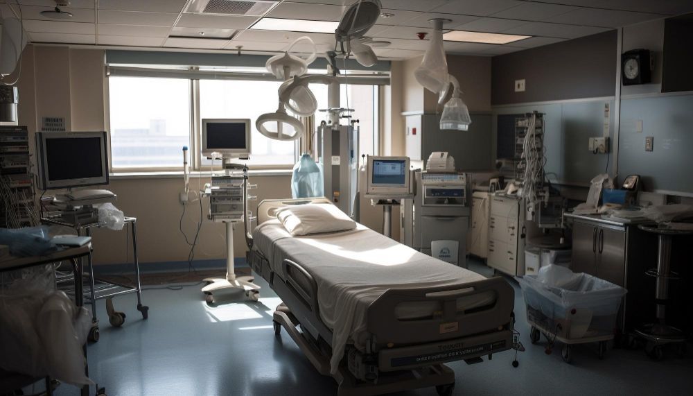 An empty hospital room with a bed and lots of medical equipment.