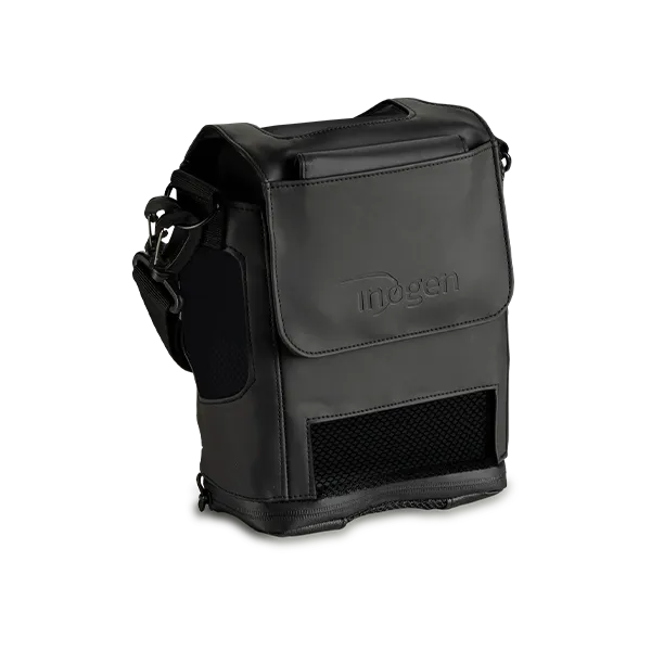A black bag with a shoulder strap on a white background.
