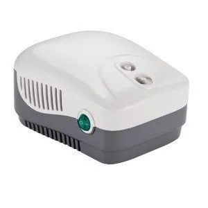 A white and gray air compressor on a white background.