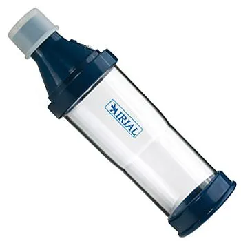 A blue and clear bottle with a lid on a white background.