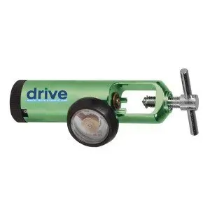 A green oxygen regulator with a black handle on a white background.