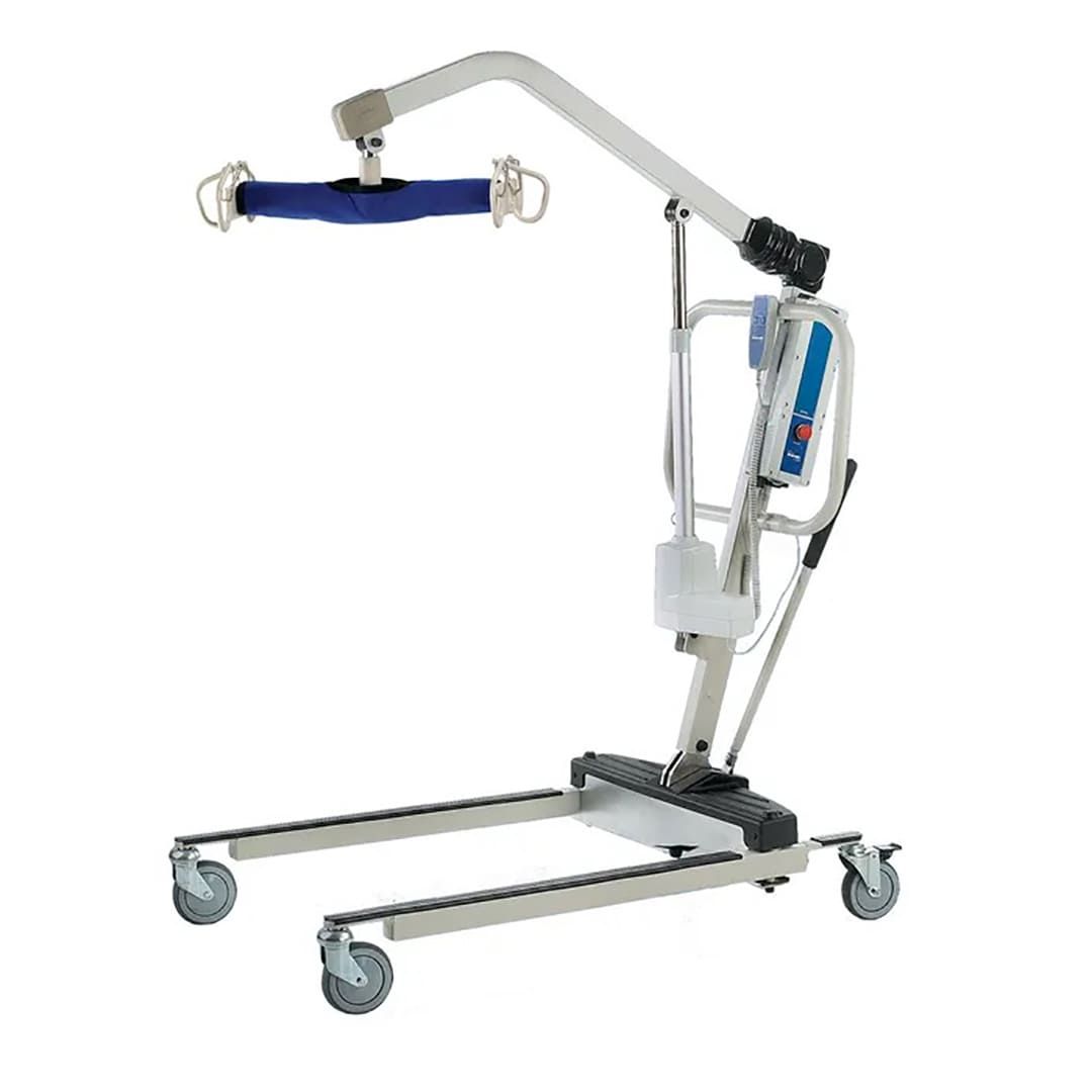 A patient lift with wheels on a white background.