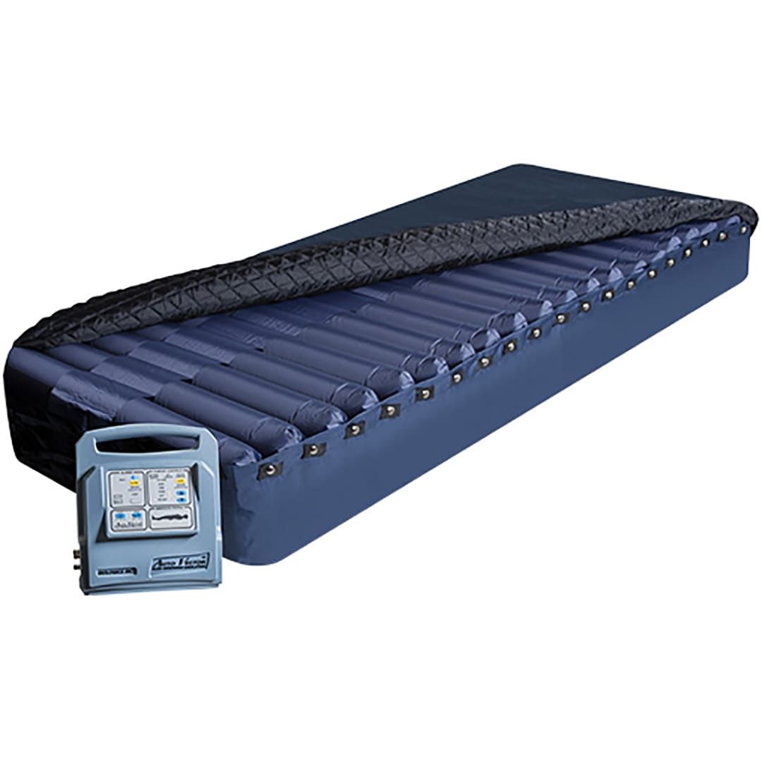 A blue mattress with a remote control attached to it.