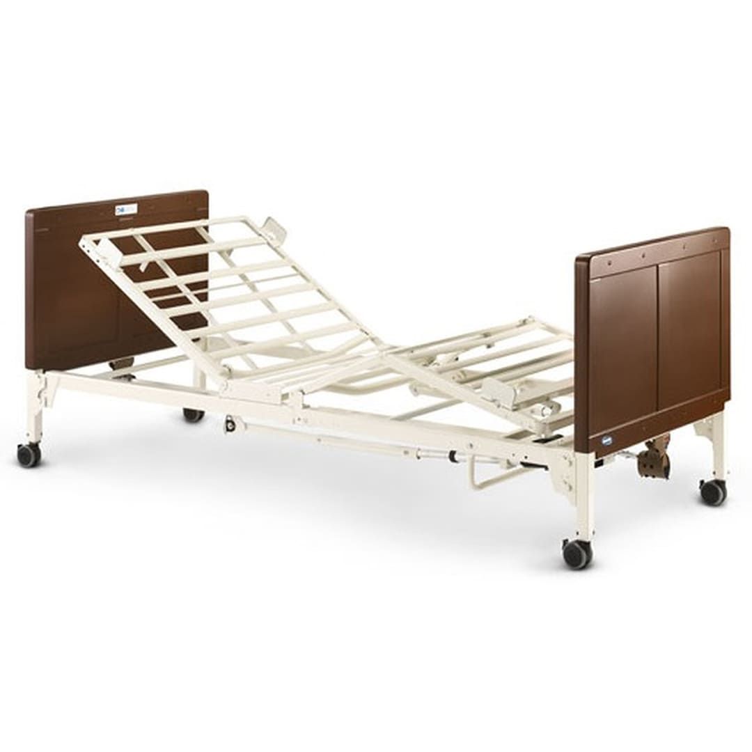 A hospital bed with wheels and a wooden headboard on a white background.