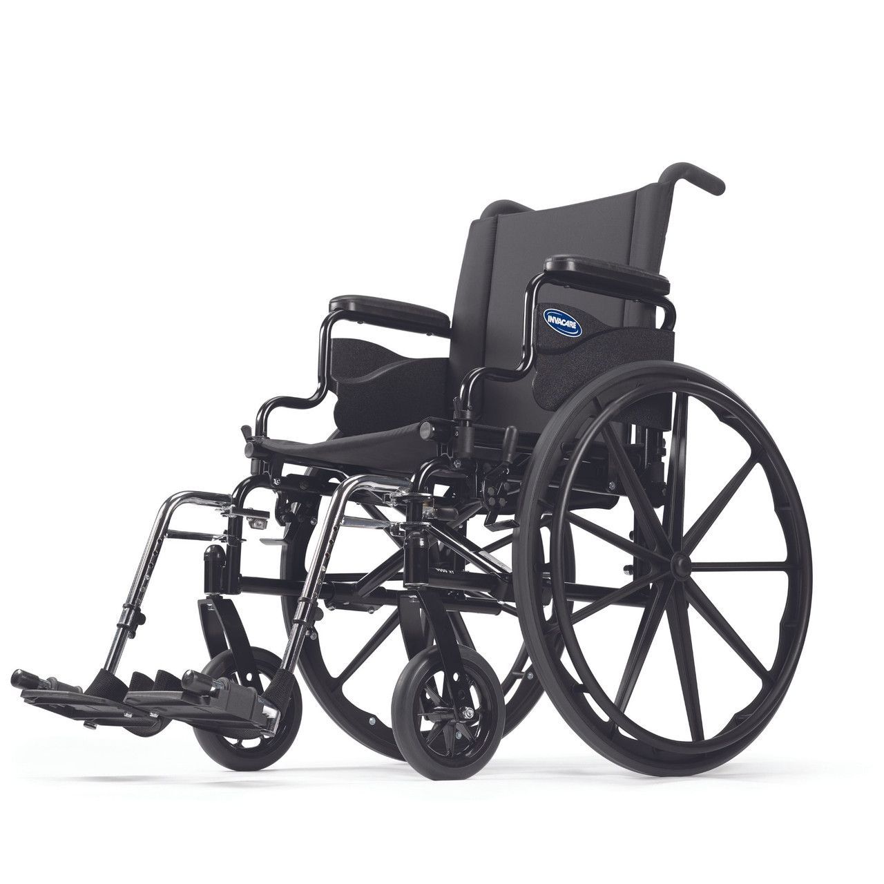 A black wheelchair is sitting on a white background.