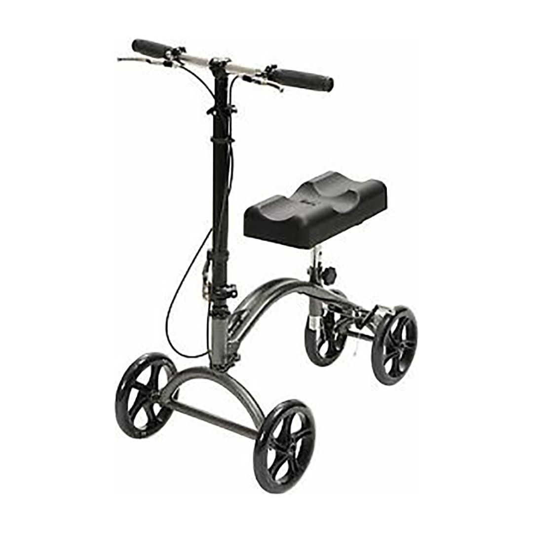 A black knee walker with a black seat on a white background.