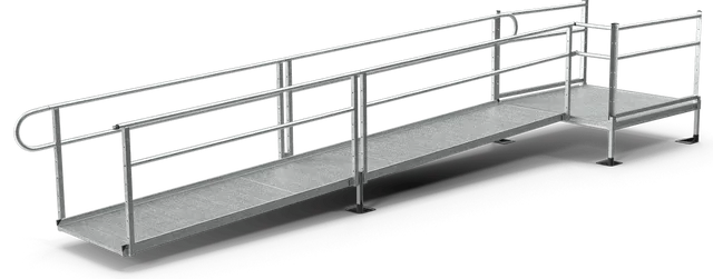 A metal ramp with a stainless steel railing on a white background.