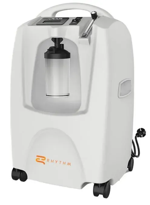 A white oxygen concentrator with wheels on a white background