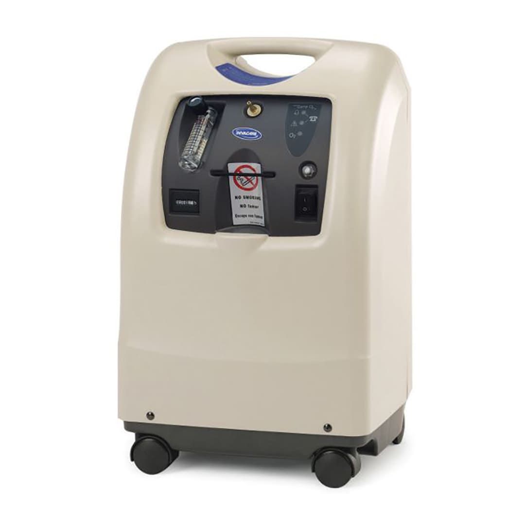 A white oxygen concentrator with wheels on a white background.