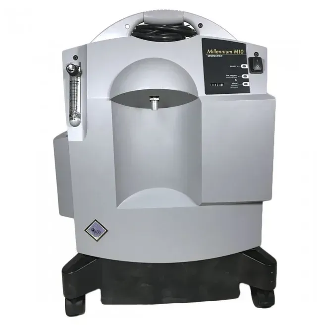 A gray and black oxygen machine with a black base