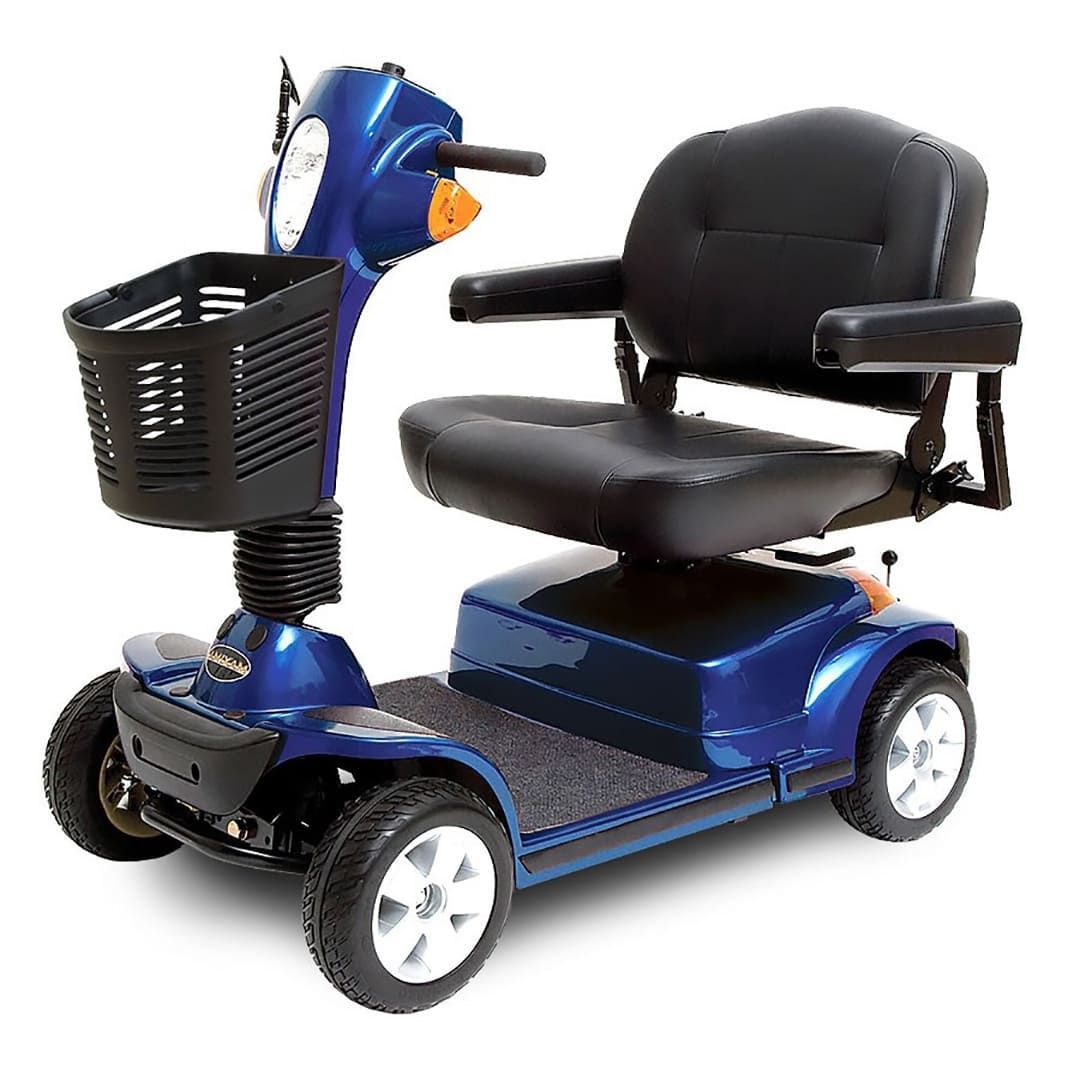 A blue mobility scooter with a basket on the front is on a white background.