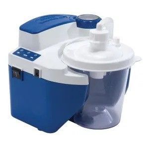 A blue and white vacuum cleaner with a cup on a white background.