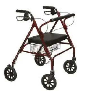 A red walker with black wheels and a basket on a white background.