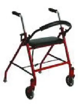 A red walker with wheels and a seat on a white background.