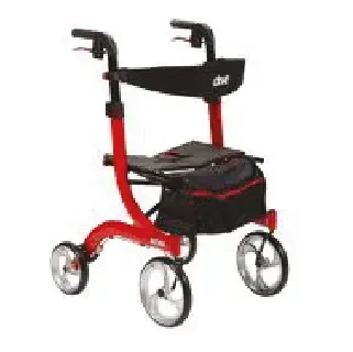 A red and black walker with wheels and a bag on a white background.