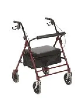 A red walker with wheels and a black seat on a white background.