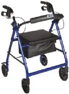 A blue walker with wheels and a black bag on a white background.