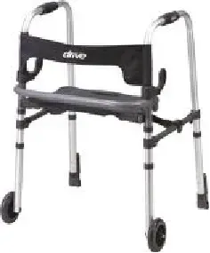 A walker with wheels and a seat on a white background.