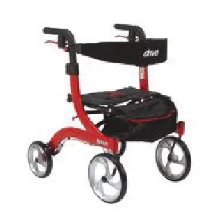 A red and black walker with wheels and a bag on a white background.