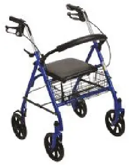 A blue walker with wheels and a basket on a white background.