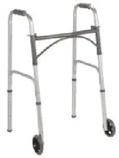 A walker with wheels and a handle on a white background.