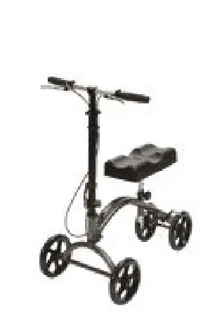 A knee walker with wheels and a seat on a white background.